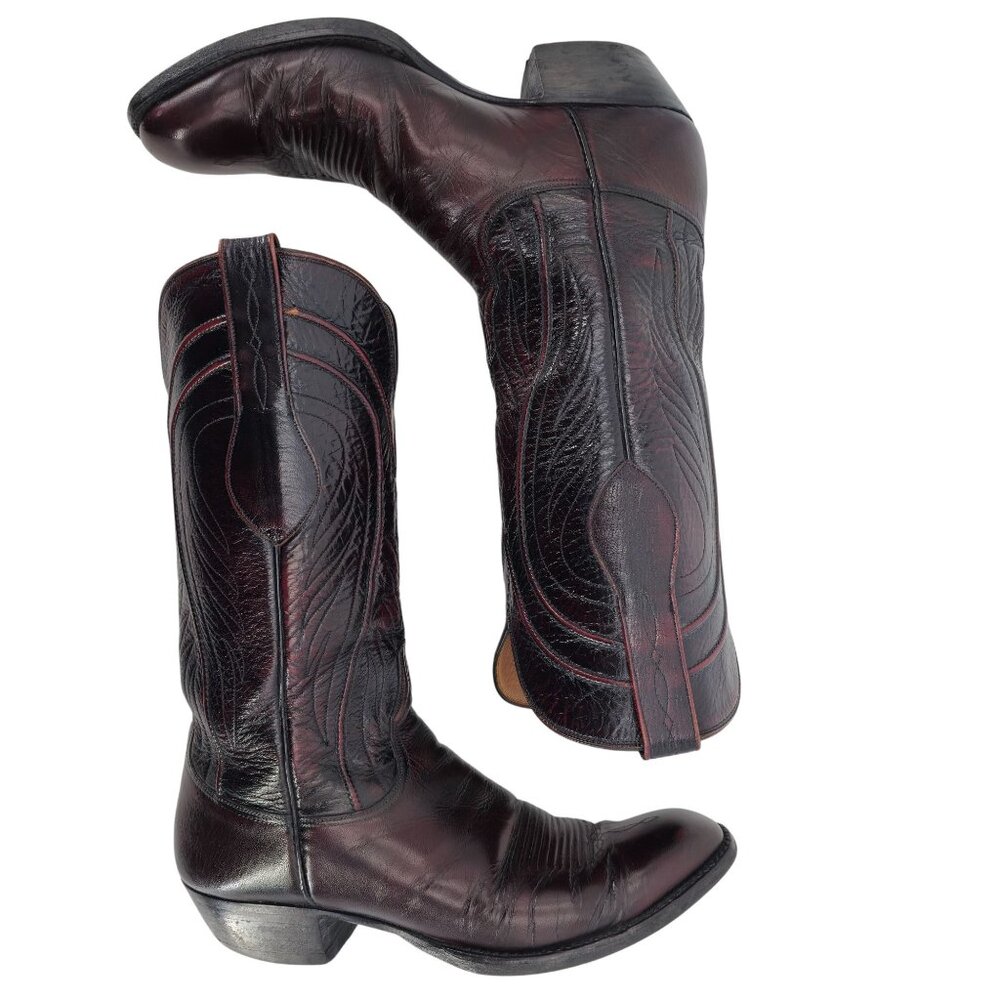Vintage Lucchese Mens 9.5D Black Cherry Burgundy Leather Cowboy Western Boots - Picture 9 of 16